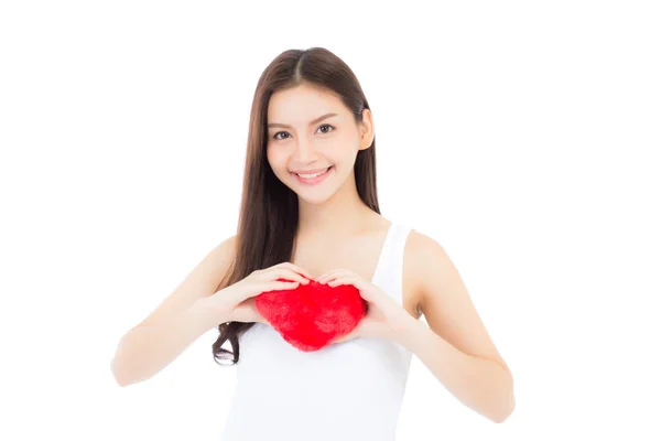 Portrait of beautiful asian young woman holding red heart shape — Stock Photo, Image