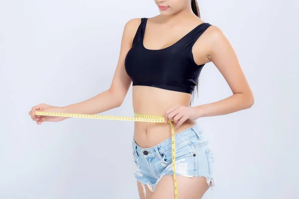 Primeros planos mujer asiática dieta y delgado con la medición de la cintura para pesar —  Fotos de Stock