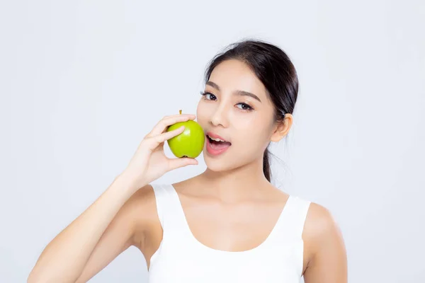 Retrato mulher asiática sorrindo segurando e comendo maçã verde frui — Fotografia de Stock