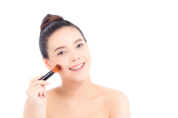 Beauty of portrait asian woman applying make up with brush of ch — Stock Photo, Image