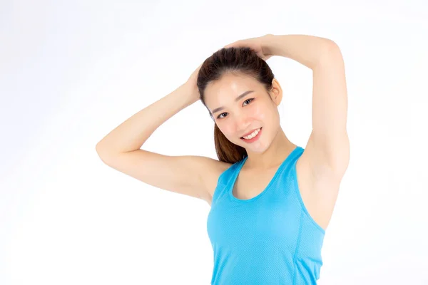Retrato bonito jovem asiático mulher de pé esticar braço muscular — Fotografia de Stock