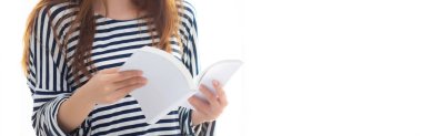 Banner web sitesi güzel asya kadın kitap okuma ayakta dinlenmek