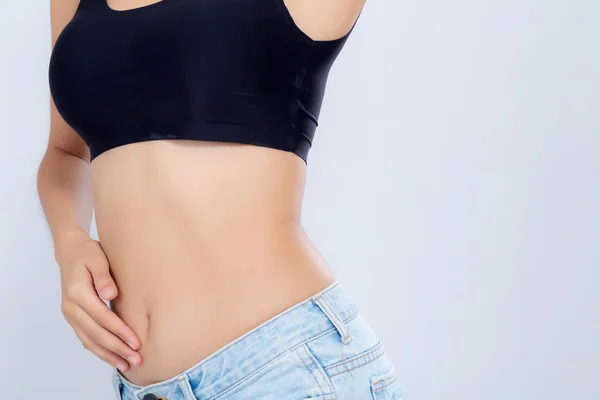 Closeup mulher asiática bela dieta corporal com ajuste isolado no whi — Fotografia de Stock
