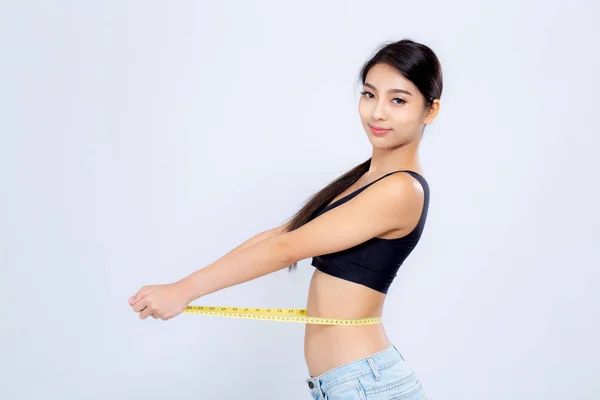 Schön Porträt asiatische Frau Ernährung und schlank mit Maß Taille — Stockfoto