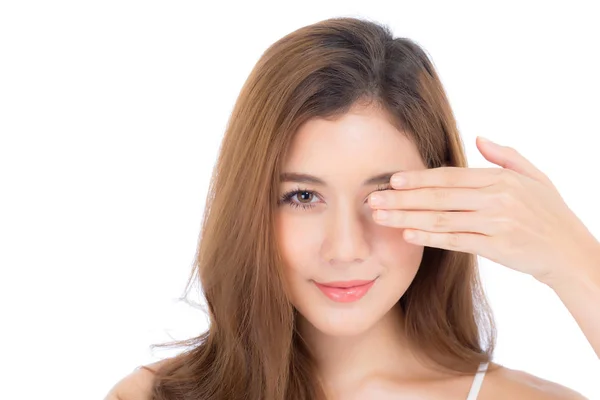 Retrato de mujer hermosa maquillaje de cosmética, chica mano cerca — Foto de Stock