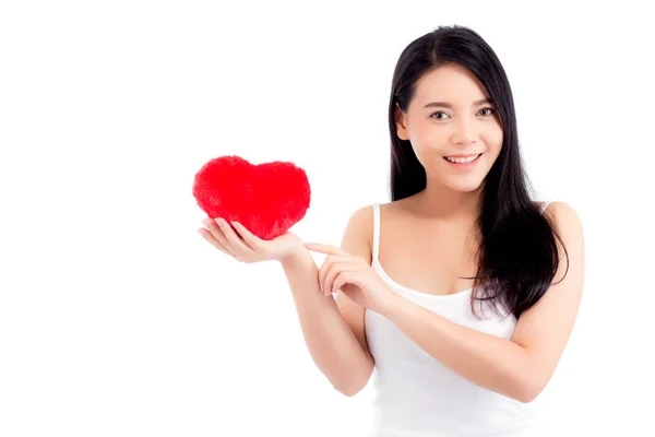 Portrait of beautiful asian young woman holding and pointing red — Stock Photo, Image