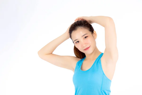 Hermoso retrato joven asiático mujer de pie estiramiento músculo brazo —  Fotos de Stock