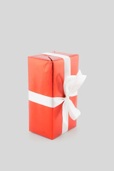 Red gift box white ribbon isolated on white background, using fo — Stock Photo, Image