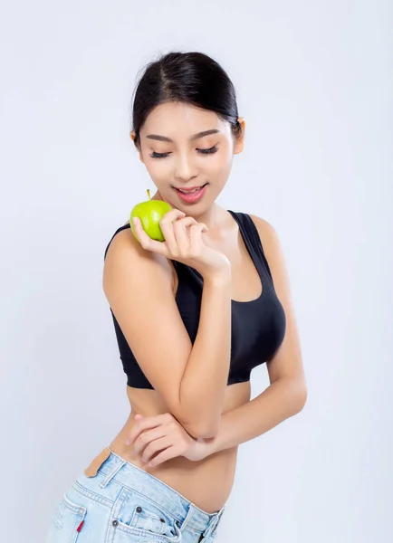 Porträt asiatische Frau lächelt mit grünen Apfelfrüchten und straff — Stockfoto