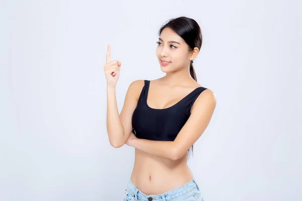 Portrétní mladá asijská žena usmívající se krásná tělesná strava s vyhovující — Stock fotografie