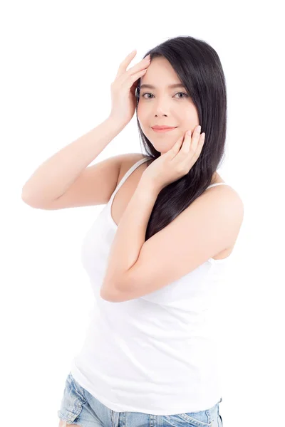 Retrato de hermosa mujer asiática maquillaje de cosmética, mano de niña — Foto de Stock