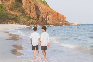 Arka planda homoseksüel portre genç Asyalı çift ch ile yürüyor