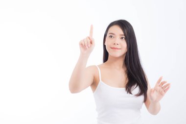 Güzel genç asya kadın mutluluk portre ayakta finge