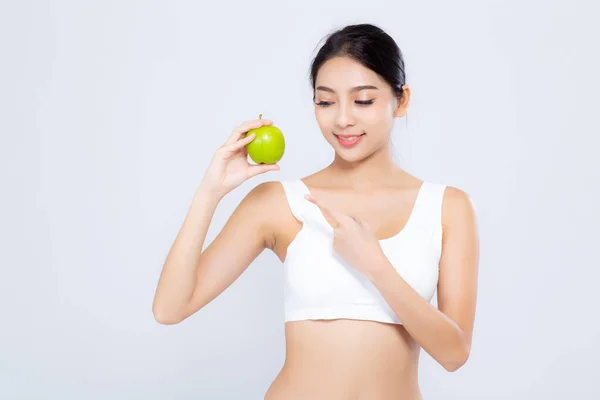 Portrétní asijská žena s úsměvem na zelených jablkový ovoce — Stock fotografie