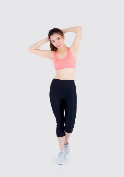 Mooie portret jonge Aziatische vrouw staande stretch spier arm — Stockfoto
