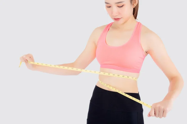 Beautiful slim young asian woman measuring tape thin waist wear — Stock Photo, Image