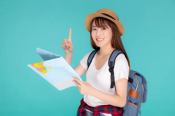 Beautiful happy young asian woman travel holding and looking a p — Stock Photo, Image