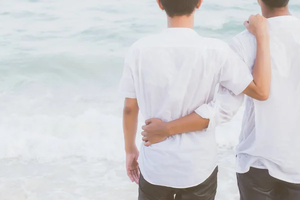 Voltar vista homossexual retrato jovem asiático casal de pé abraço um — Fotografia de Stock