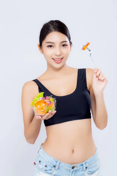 Beautiful portrait young asian woman smiling holding salad veget — Stock Photo, Image