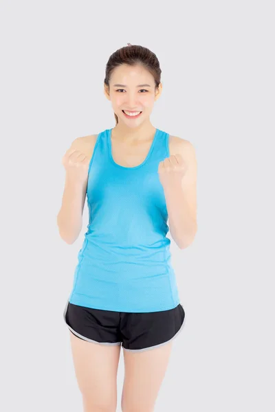 Beautiful portrait young asian woman in sport excited and succes — Stok fotoğraf