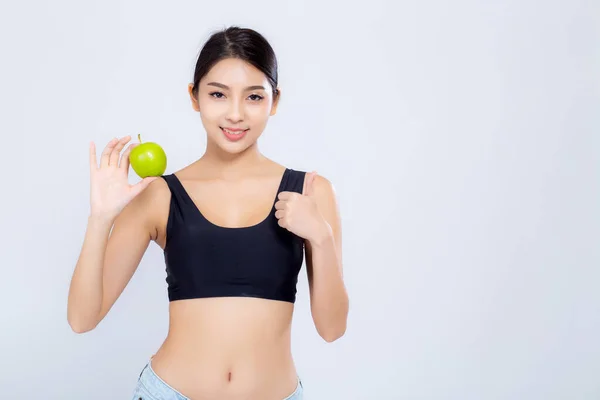 Retrato mulher asiática sorrindo segurando maçã verde fruta e beaut — Fotografia de Stock