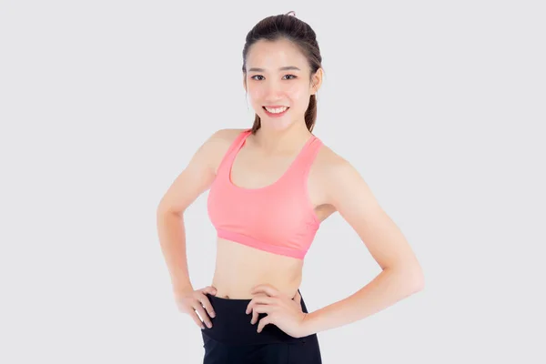 Beau portrait jeune femme asiatique en vêtements de sport avec satis — Photo