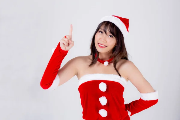 Schön Porträt junge asiatische Frau Weihnachtsmann Kostüm lächelnd prese — Stockfoto