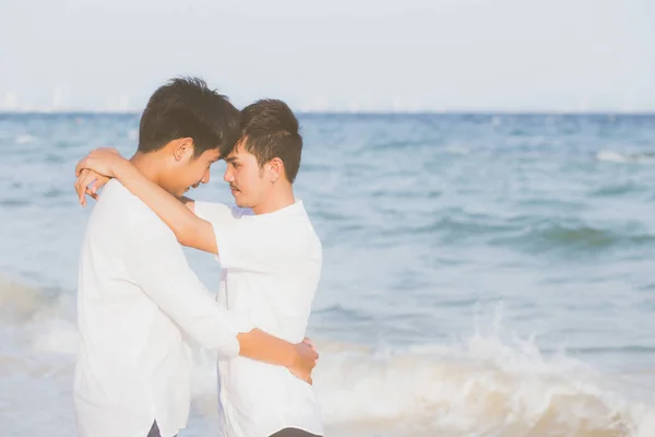 Homosexuella porträtt unga asiatiska par står kram tillsammans på — Stockfoto