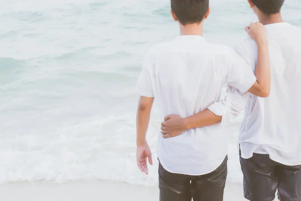 Rückseite homosexuell porträt junge asiatische paar stehend umarmung ein — Stockfoto