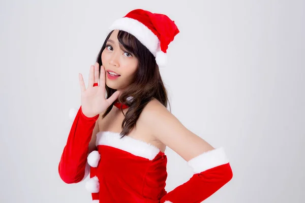 Bonito retrato jovem asiático mulher Santa traje grito som l — Fotografia de Stock