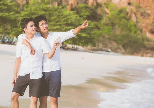 Ομοφυλόφιλο πορτρέτο νεαρό ασιατικό ζευγάρι στέκεται δείχνοντας κάτι — Φωτογραφία Αρχείου