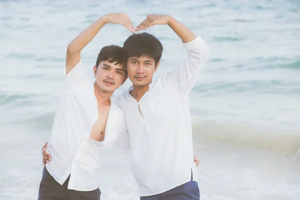 Гомосексуальний портрет молодої азіатської пари стоїть жестом у формі серця — стокове фото