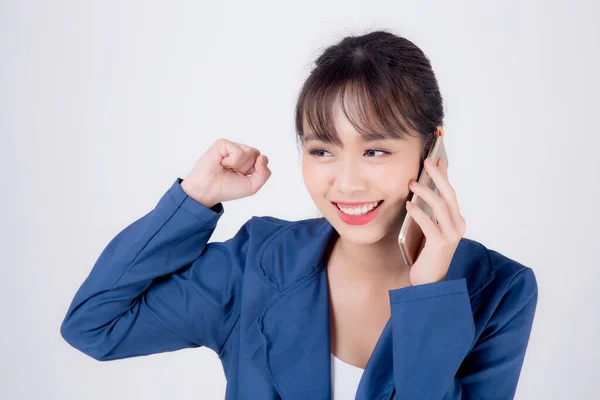 Beautiful portrait young asian business woman talking on smart m — Stock Photo, Image