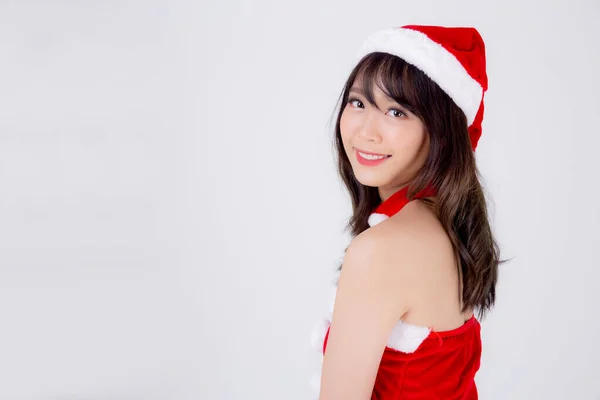 Bonito retrato jovem asiático mulher Santa traje desgaste chapéu smil — Fotografia de Stock