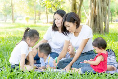 Güzel genç Asyalı aile fotoğrafı parkta piknik yapıyor.,
