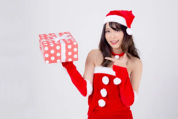Beautiful portrait young asian woman happy holding red gift box — Stock Photo, Image