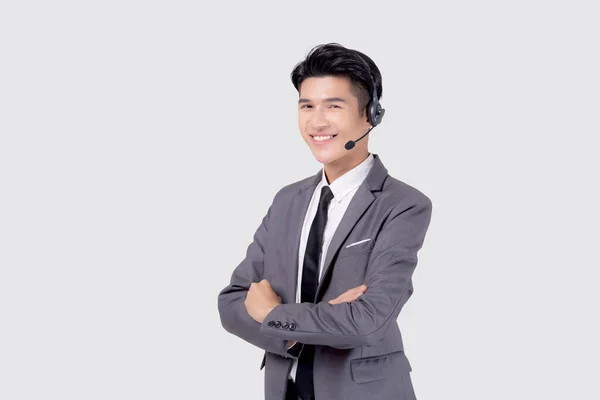 Portrait Young Asian Business Man Call Center Memakai Headset Yang — Stok Foto