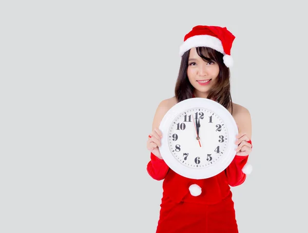 Beautiful Portrait Young Asian Woman Santa Dress Holding Clock Excited — Stock Photo, Image