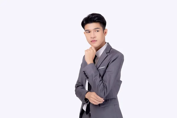 Portré Fiatal Ázsiai Üzletember Öltönyben Okos Gondolkodás Ötlet Elszigetelt Fehér — Stock Fotó