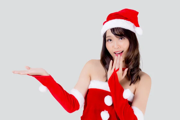 Schöne Porträt Junge Asiatische Frau Weihnachtsmann Kostüm Präsentiert Leere Plam — Stockfoto