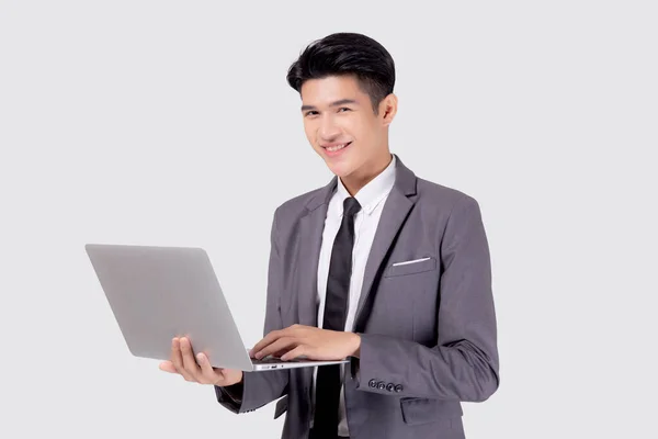 Jovem Asiático Homem Negócios Trabalho Computador Portátil Para Internet Line — Fotografia de Stock