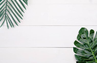 Ahşap masa üzerinde yaprak, üst görünümü olan kompozisyon, dal ve yapraklar kopya alanı, doku arka planı, yeşillik tropikal, kimse, düz konsept, minimum konsept. Doğal dekorasyon.