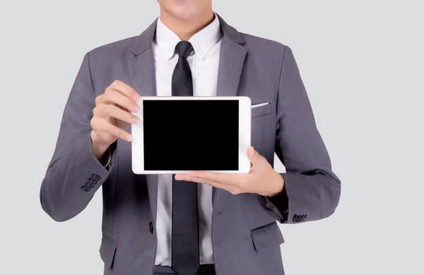 Portrait Young Asian Business Man Showing Presenting Tablet Computer Blank — Stock Photo, Image
