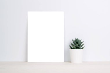 Boş kağıt levha kopyalama alanı ile ahşap masa üzerinde bitkiler, poster ve davetiye boş masa, kart dekorasyonu tasarım veya markalaşma, basitlik ve asgari, hiç kimse.