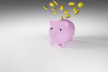 3D çizim Pembe domuzcuk kumbarası Altın sikkeler düşüyor