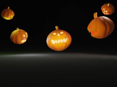 3 boyutlu illüstrasyon çizimi, Cadılar Bayramı balkabağını oluşturur. Çoğu siyah zemin üzerinde yüzer. Büyük ürkütücü Cadılar Bayramı sembolü.