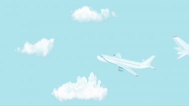 Gökyüzündeki uçaklar. Yolcu uçaklarının animasyonu. Üç uçak kümülüs bulutları ile mavi gökyüzünde uçuyor. Bulutların üzerinde uçan uçaklar. Bulutlarda yolcu uçağı