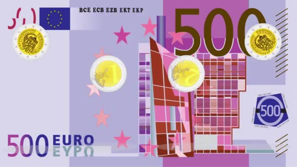 コイン回転 ユーロ 1と2ユーロコインローテーションビデオ 経済的 金融的 政治的なビデオに最適です 500ユーロ紙幣の裏のディテールを見てください アルファチャンネルを使用した回転コインのアニメーション — ストック動画