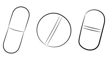 Beyaz arka planda haplar. Tablet. Vektör illüstrasyon. Stok illüstrasyon.