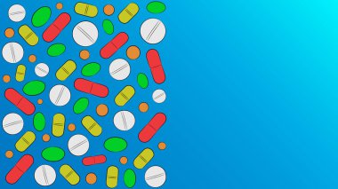 Mavi arka plandaki haplar. Tablet. Vektör illüstrasyon. Stok illüstrasyon.